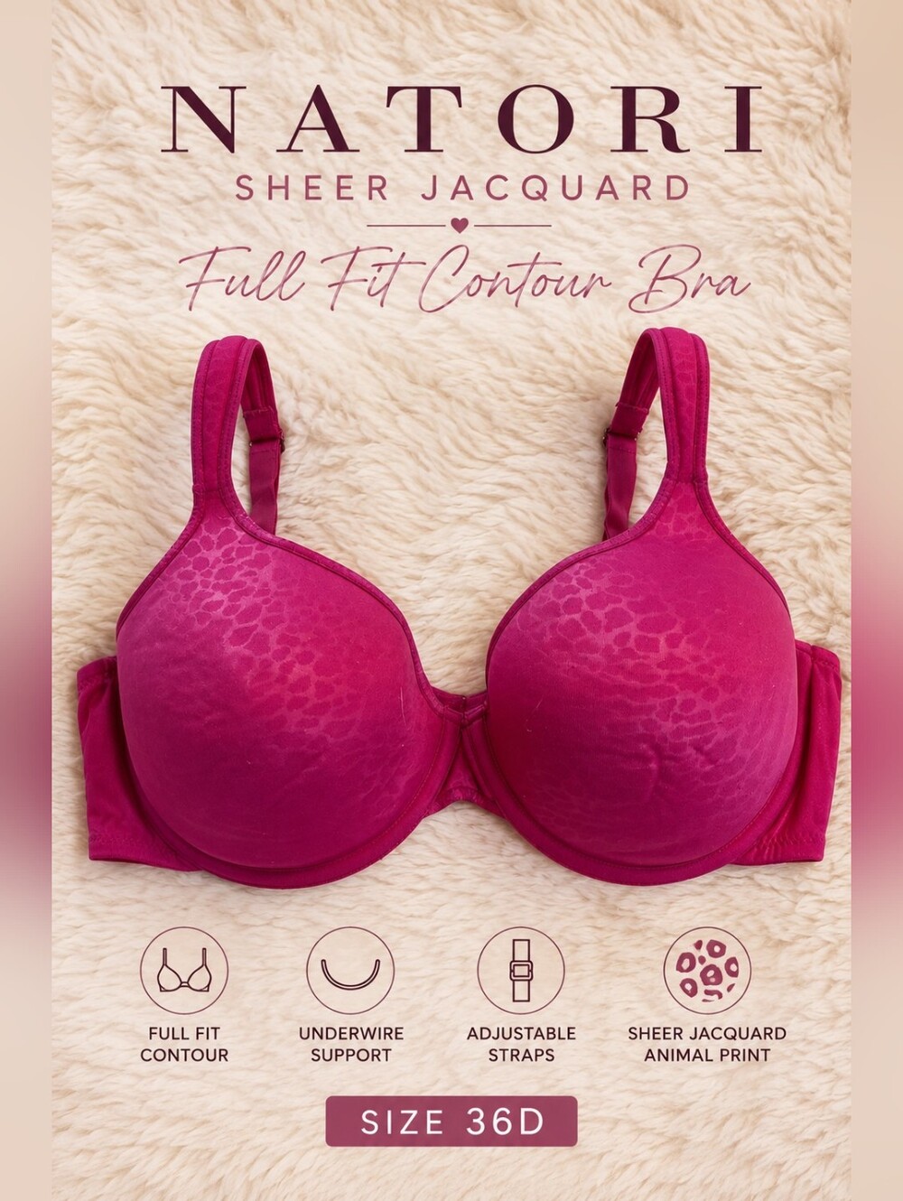 Natori  Full Fit Contour Bra 36D Pink Sheer Jacquard Animal Print Underwire